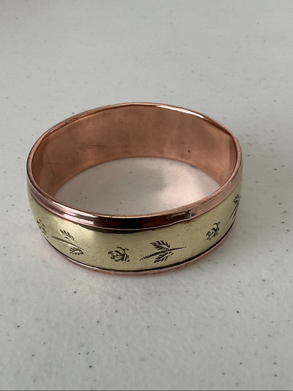 Two-Tone Copper and Brass Floral Engraved Bangle Bracelet